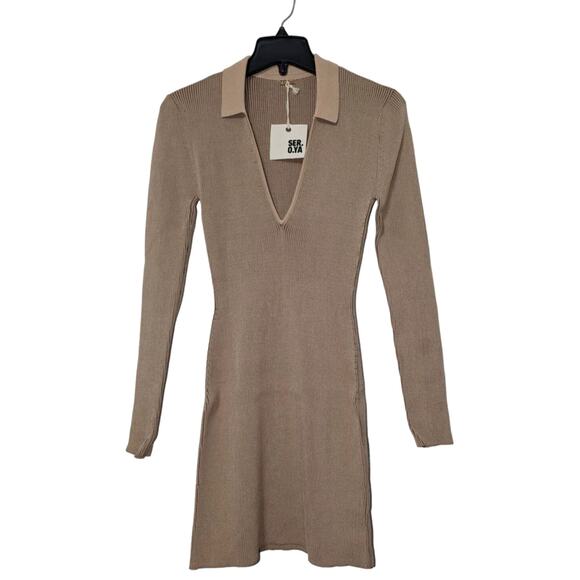 SER.O.YA Camel Beige Ribbed Knit V-Neck Long Sleeve Stretch Mini Dress Seroya XL - Picture 3 of 10